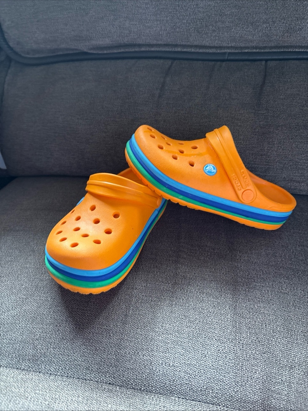 Crocs Rainbow Stripe Classic Clogs Orange  J3 Green Blue Band LN!